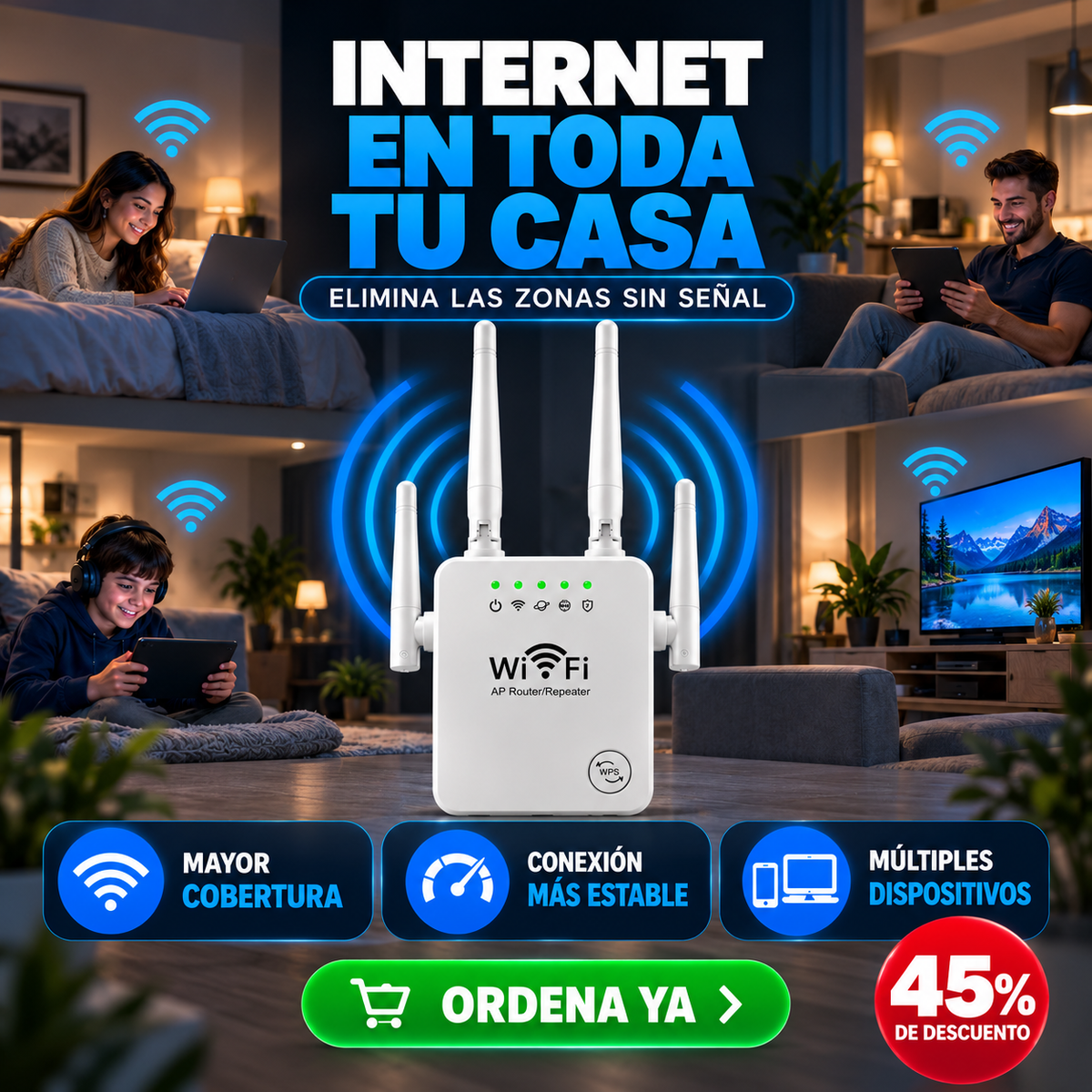 Amplificador de Señal WiFi Alta Cobertura 300Mbps 4 Antenas Largo Alcance