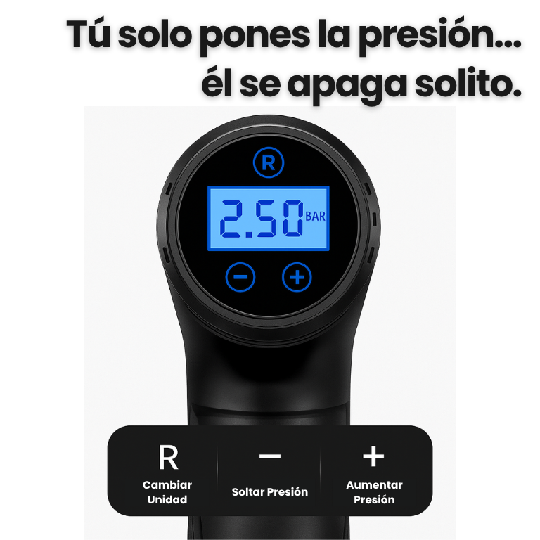 Mini Compresora de Aire Infladora Portátil - Pantalla LED, Luz frontal e Inflado Automático