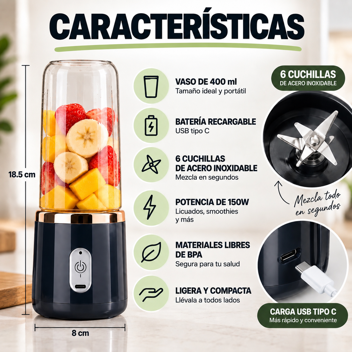 Mini Licuadora Pórtatil Recargable ¡Prepara Jugos y Batidos donde sea!
