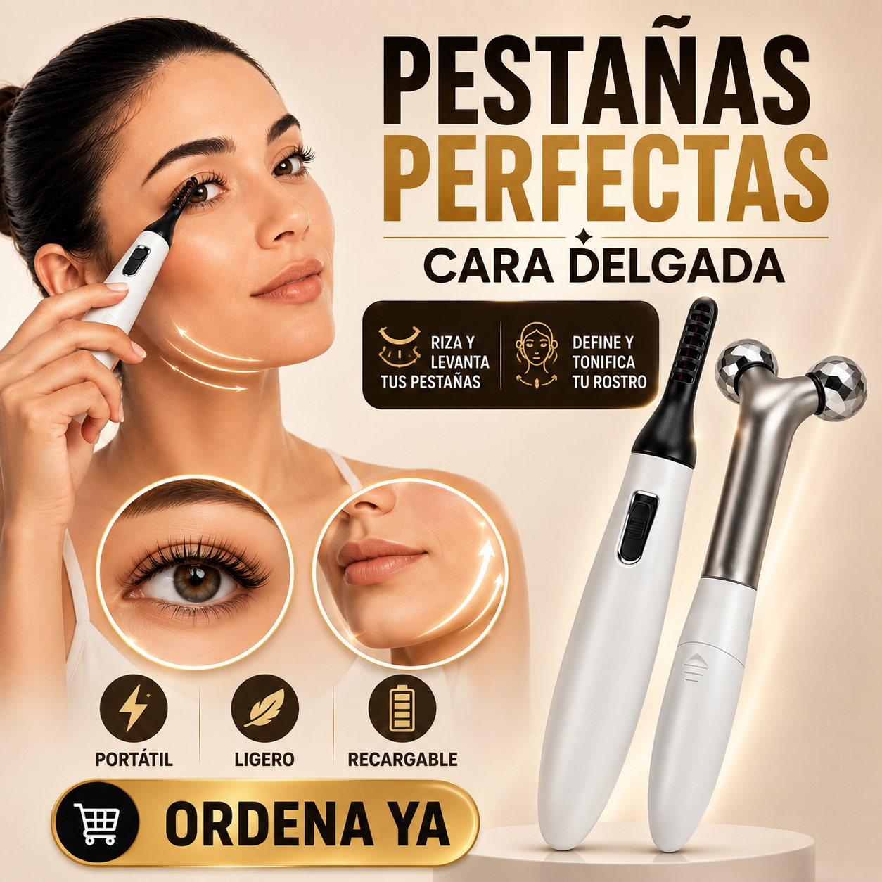 Rizador de Pestañas de Calentamiento Rápido con Masajeador Facial 2 en 1