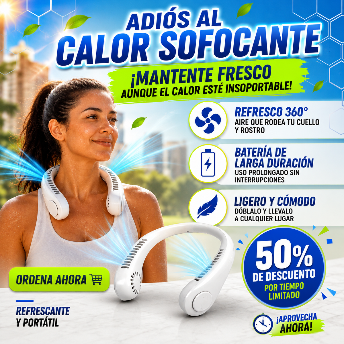 Ventilador Pórtatil de Cuello con Aire Envolvente - ¡Mantente fresco donde sea!