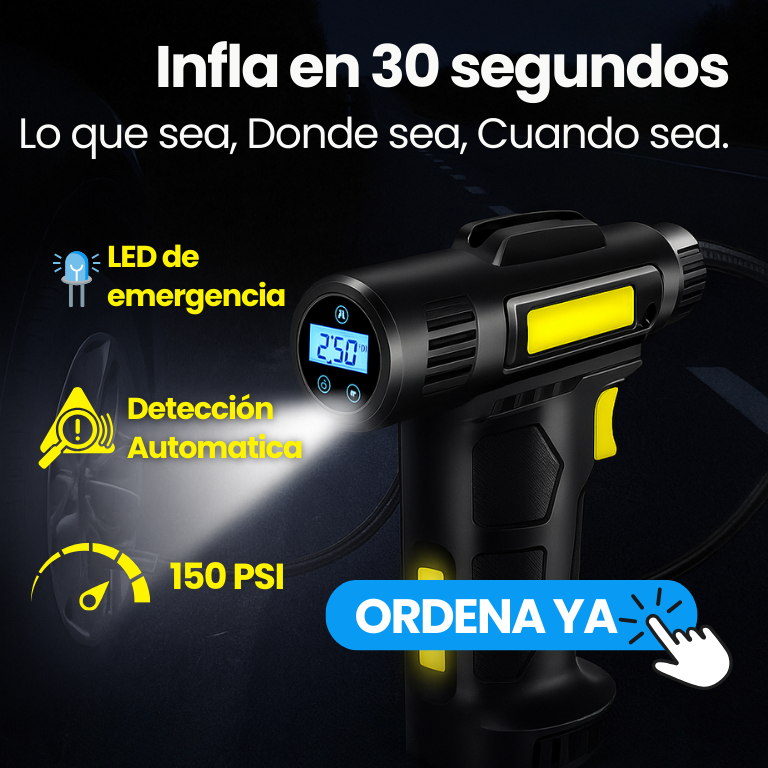 Mini Compresora de Aire Infladora Portátil - Pantalla LED, Luz frontal e Inflado Automático