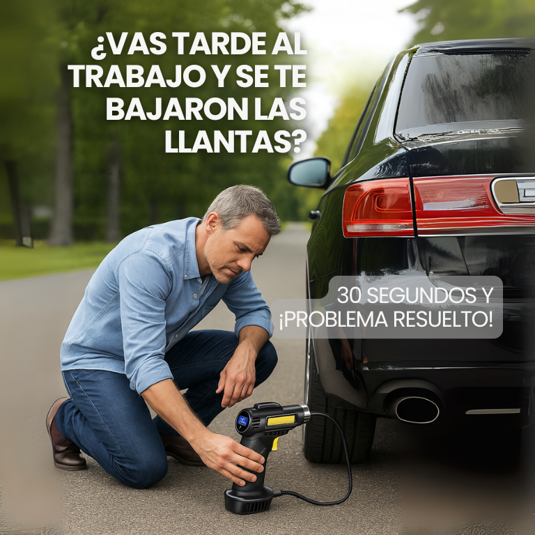 Mini Compresora de Aire Infladora Portátil - Pantalla LED, Luz frontal e Inflado Automático