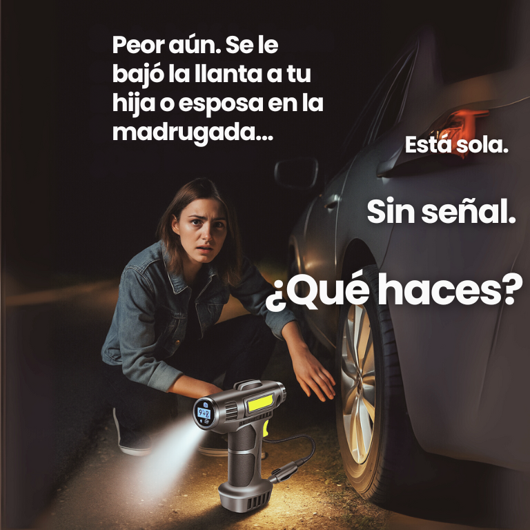 Mini Compresora de Aire Infladora Portátil - Pantalla LED, Luz frontal e Inflado Automático