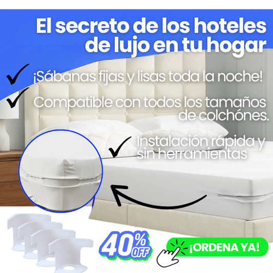 Sujetadores Antideslizantes y Tensores para Sábanas Kit de 4 pcs - ¡No más sábanas flojas!