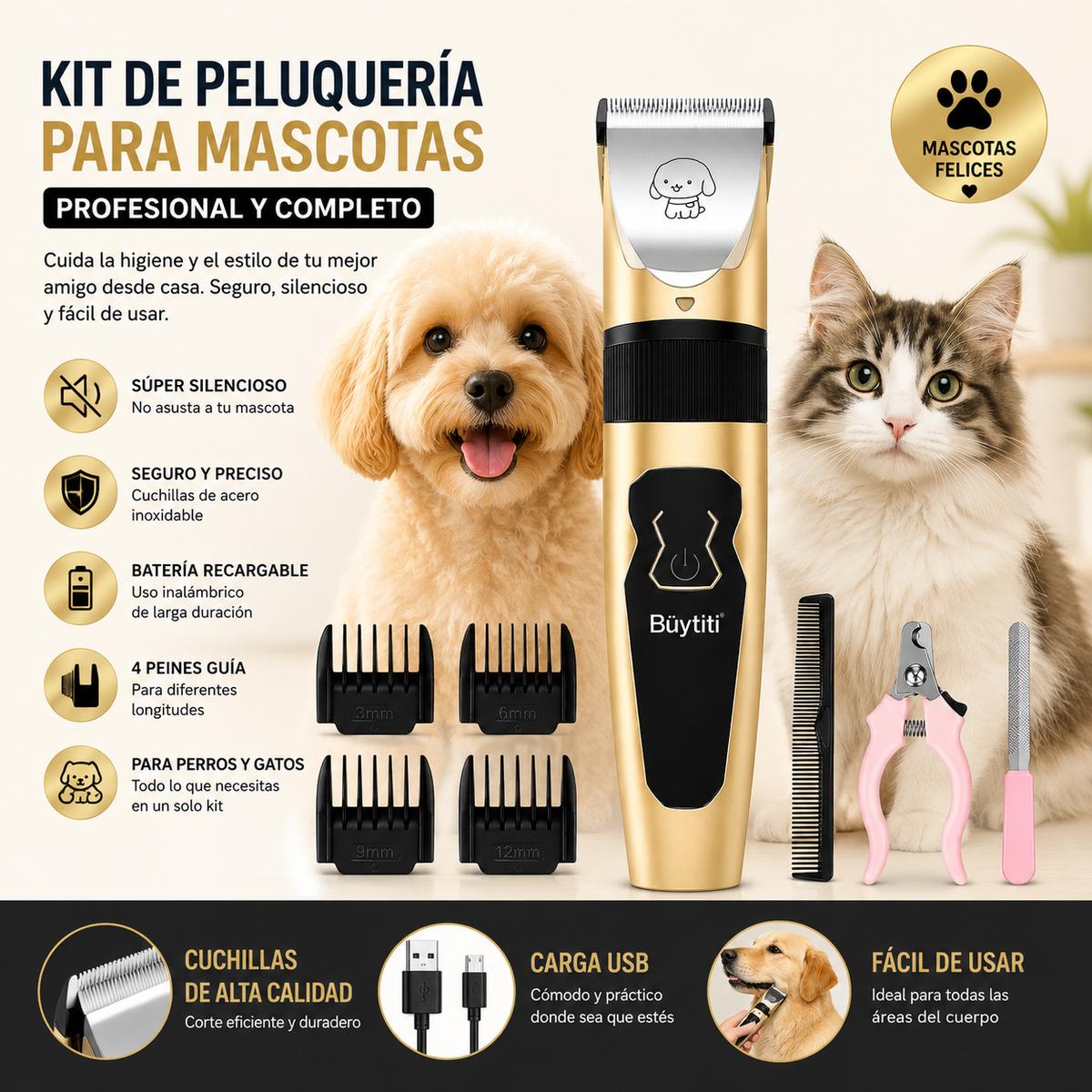 Kit de Corte y Cuidado para Perros y Gatos con Cortadora Silenciosa - Mascotas más Limpias y Felices