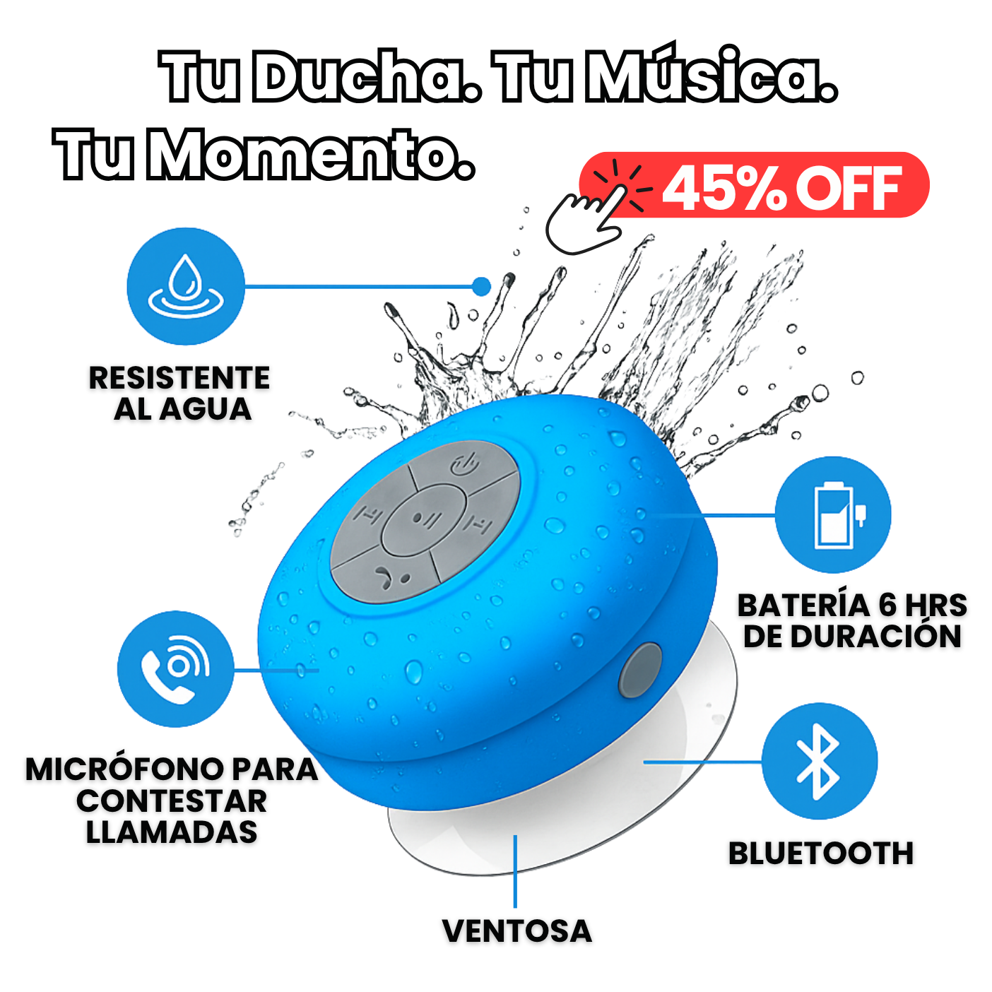Bocina para Regadera con Bluetooth y Ventosa - Portátil & Resistente al Agua