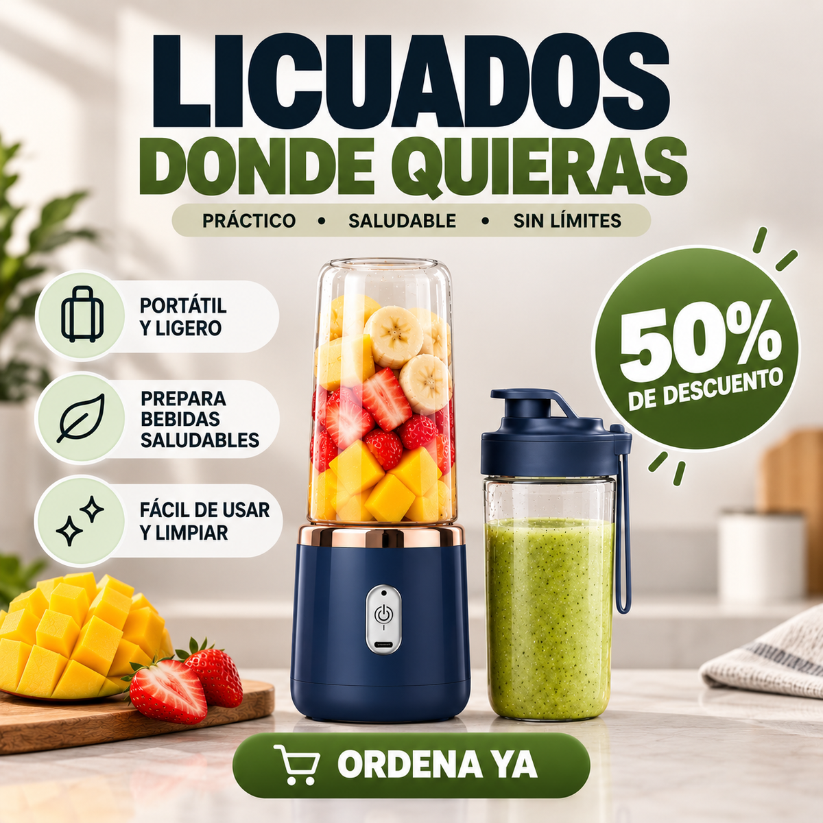 Mini Licuadora Pórtatil Recargable ¡Prepara Jugos y Batidos donde sea!