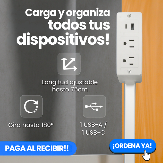 Extensor Inteligente de Enchufe 2 tomas - Rotación 180°, puertos USB y USB-C y soporte para celular