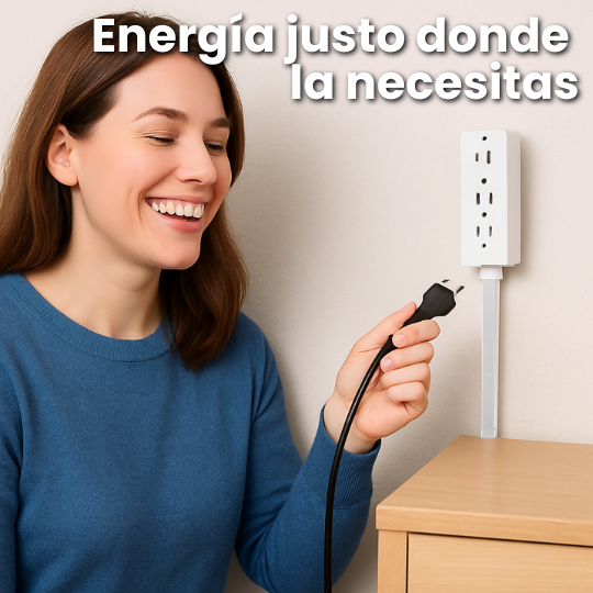 Extensor Inteligente de Enchufe 2 tomas - Rotación 180°, puertos USB y USB-C y soporte para celular