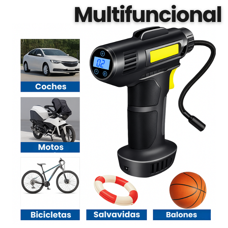 Mini Compresora de Aire Infladora Portátil - Pantalla LED, Luz frontal e Inflado Automático