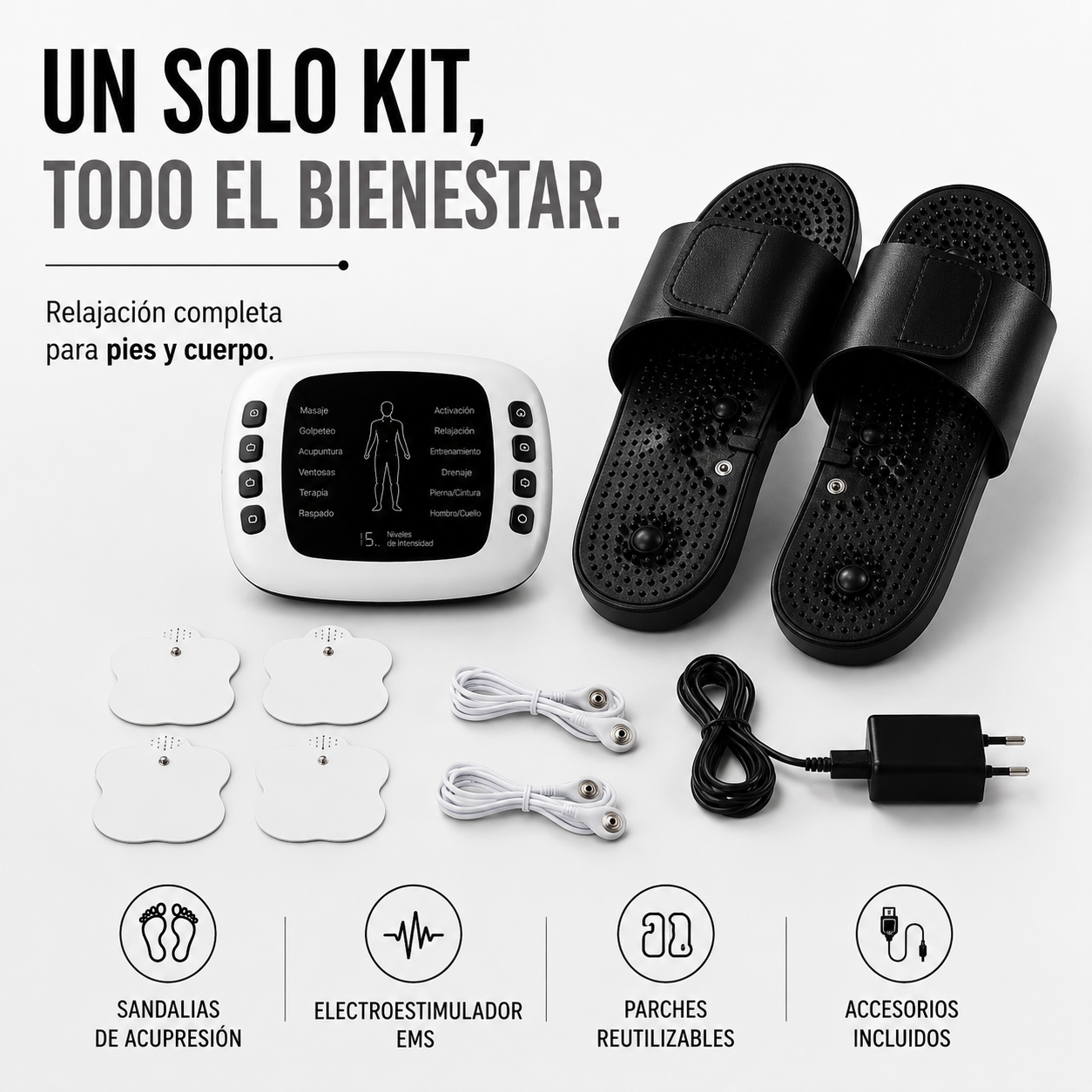 Kit Sandalias de Acupresión con Electroestimulador para Alivio del Dolor y Relajación Muscular