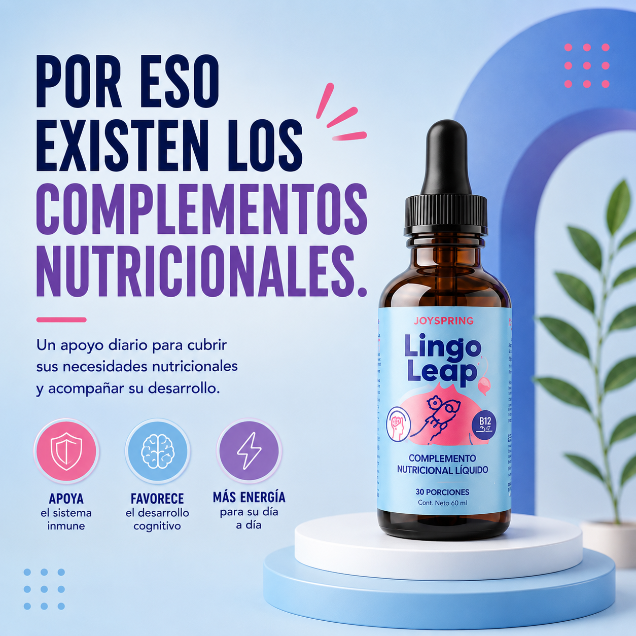 Suplemento LingoLeap - Gotas Nutricionales y Boost cognitivo para Niños con Vitamina B12 y D3 - Sabor Uva
