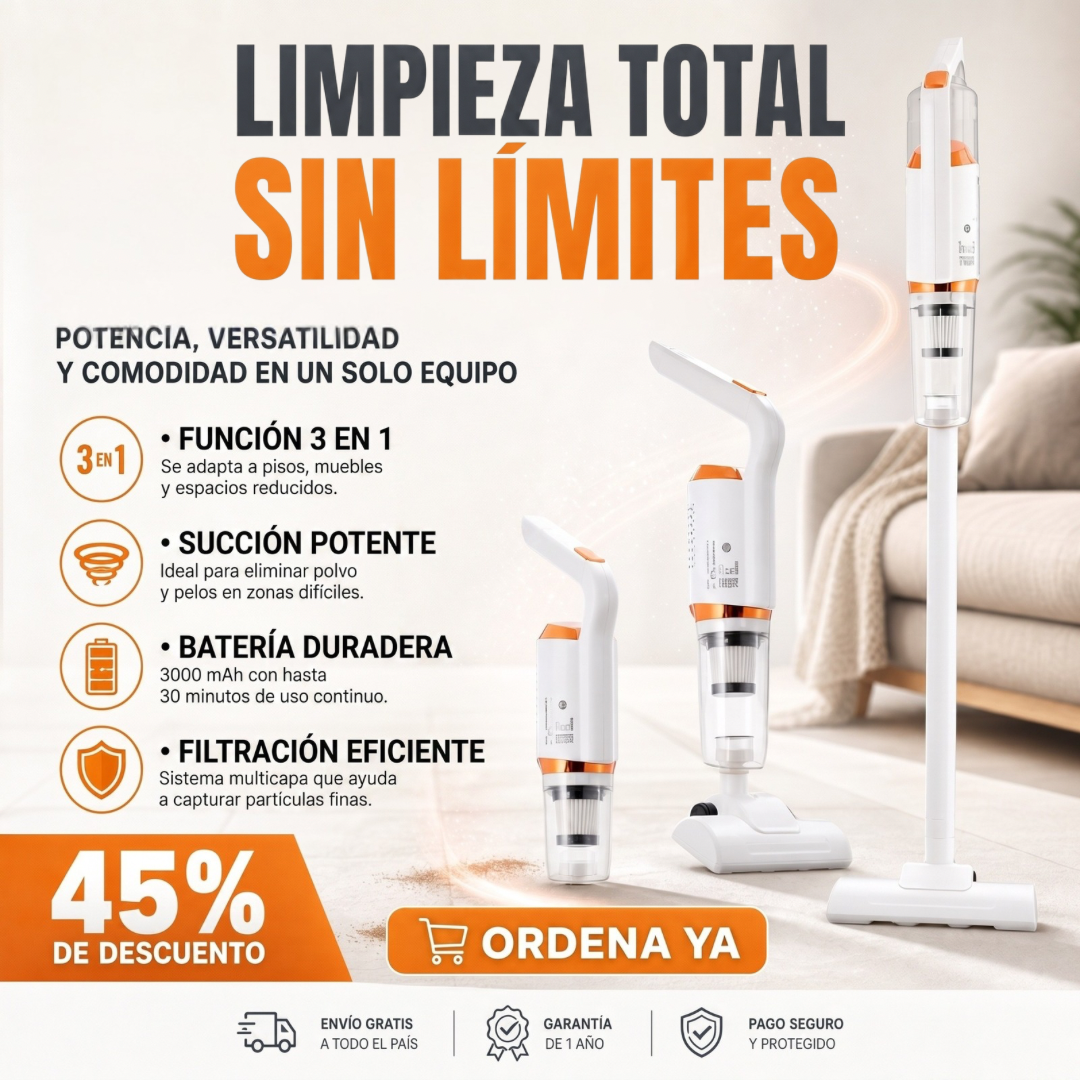 Aspiradora Inalámbrica Portátil 3 en 1 Sin Cable de Alta Potencia 9000 Pa - Para Hogar y Auto