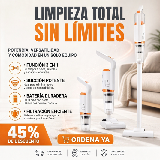 Aspiradora Inalámbrica Portátil 3 en 1 Sin Cable de Alta Potencia 9000 Pa - Para Hogar y Auto