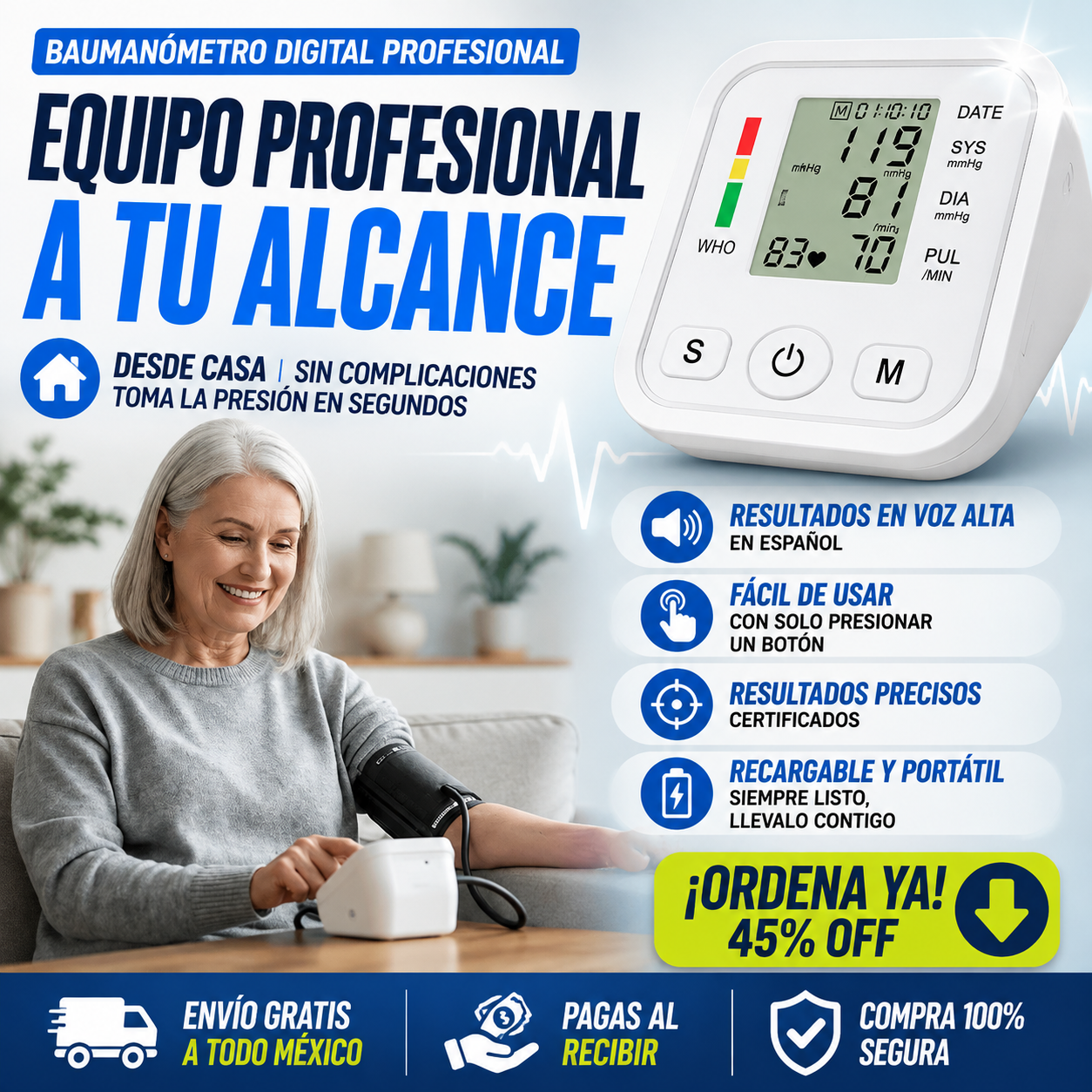 Baumanómetro Monitor digital de presión arterial de brazo fácil de leer - ¡Resultados Ultra Precisos!