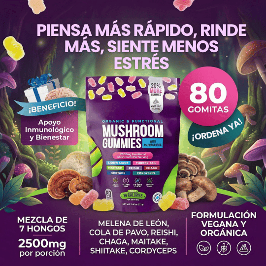 Gomitas de Hongos Funcionales para Mente Enfocada, Bienestar Diario y Apoyo Inmunológico - 60 Gomitas