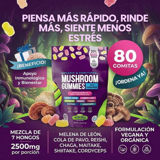 Gomitas de Hongos Funcionales para Mente Enfocada, Bienestar Diario y Apoyo Inmunológico - 60 Gomitas