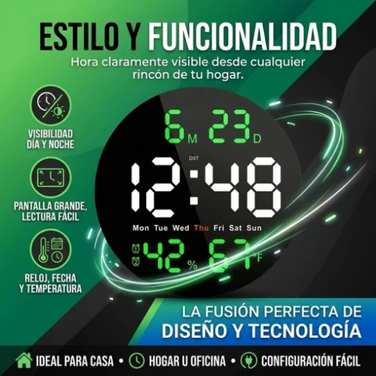 Reloj Digital de Pared con Pantalla Grande LED Análoga (Día, Hora, Temperatura y Humedad) ¡Estilo y Funcionalidad!