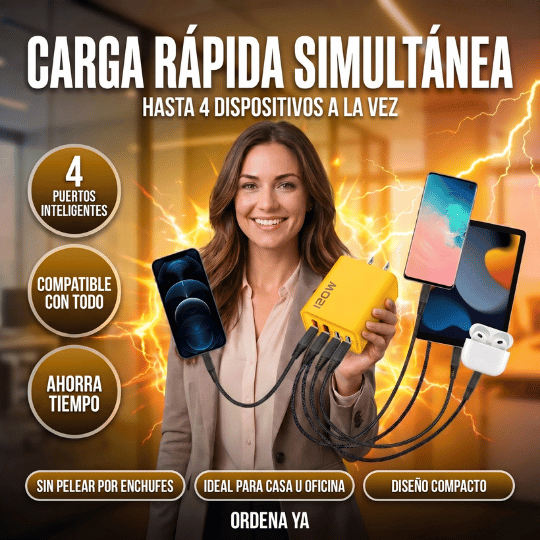 Cargador Ultra Rápido para 4 Dispositivos con Cable 4 en 1 y Carga Simultánea (USB y USB-C)