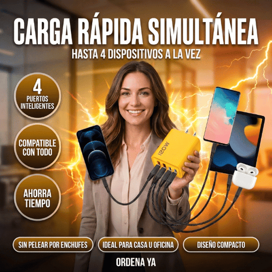 Cargador Ultra Rápido para 4 Dispositivos con Cable 4 en 1 y Carga Simultánea (USB y USB-C)