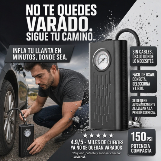 Inflador de Llantas Inalámbrico - Recargable, con apagado automático, pantalla digital y luz LED