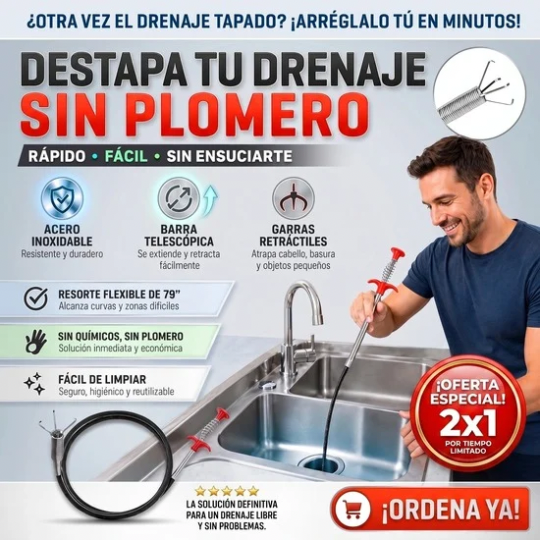 Pinza Destapa Drenajes Flexible con Garra Retráctil 2 Metros