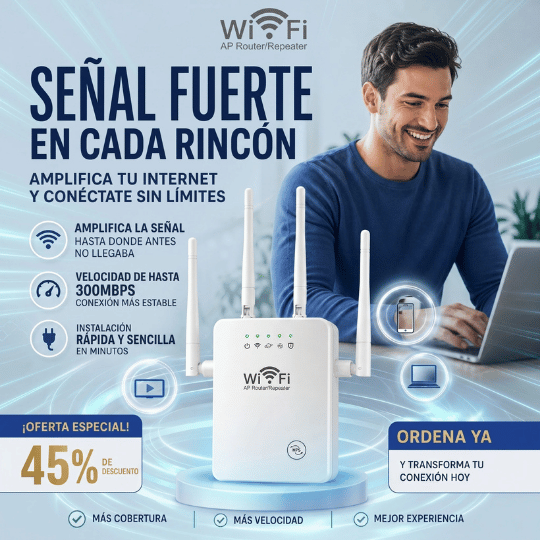 Amplificador de Señal WiFi Alta Cobertura 300Mbps 4 Antenas Largo Alcance