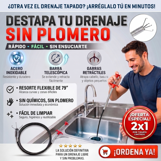Pinza Destapa Drenajes Flexible con Garra Retráctil 2 Metros