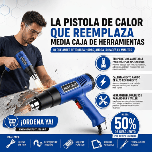Pistola de Calor Industrial 2000W con Control de Temperatura - Incluye 4 Boquillas