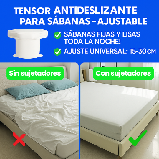 Sujetadores Antideslizantes y Tensores para Sábanas Kit de 4 pcs - ¡No más sábanas flojas!