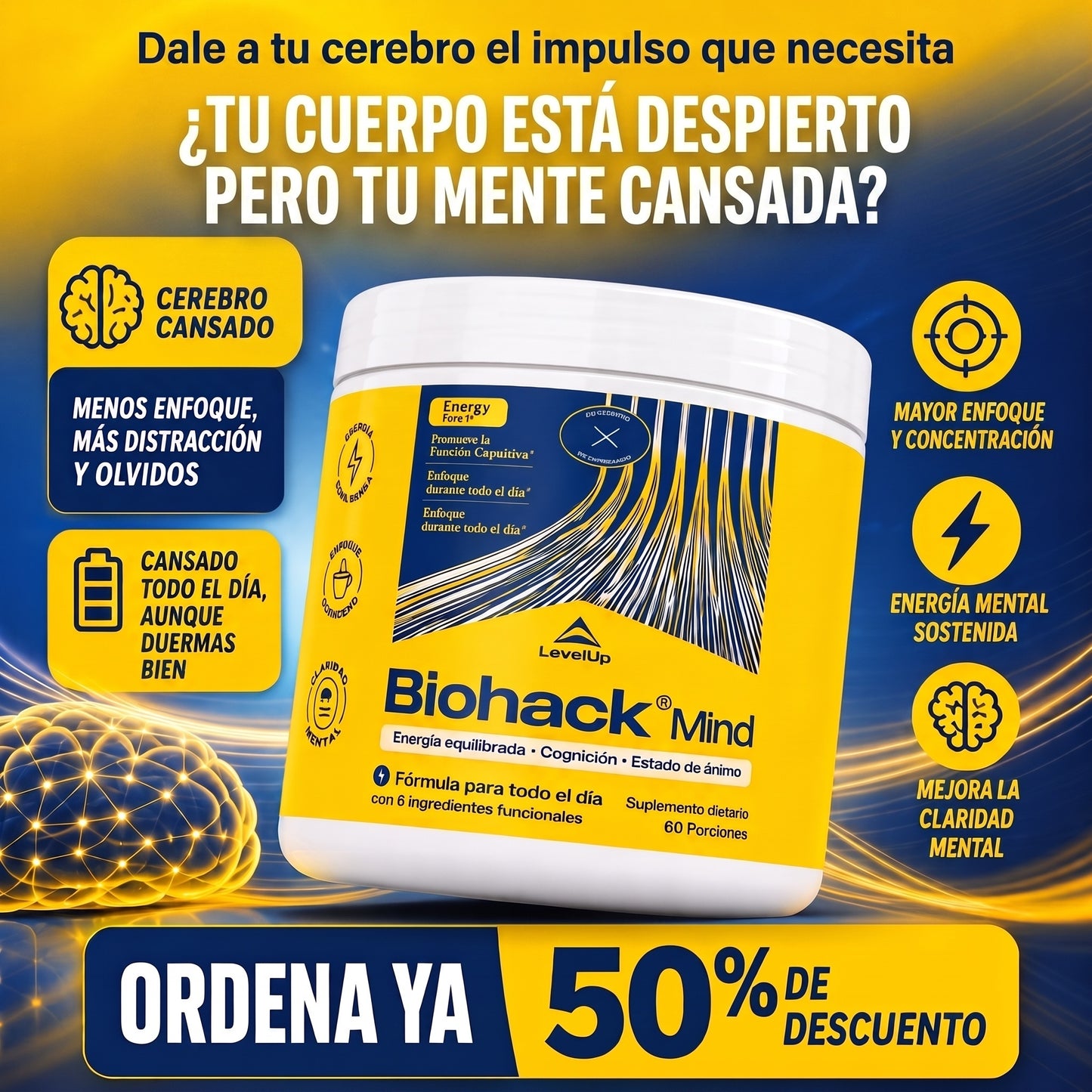 Biohack Mind – Potenciador de Concentración, Memoria y Claridad Mental 60 Cápsulas
